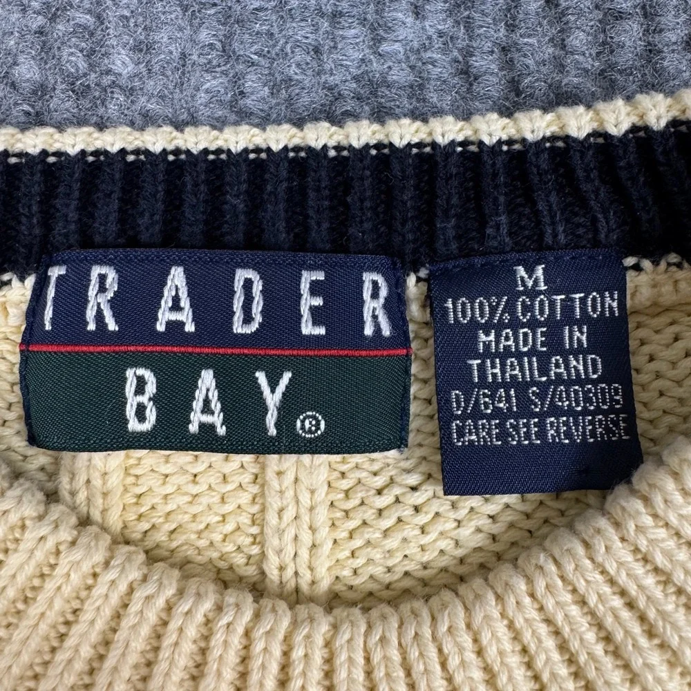 Vtg 90s Trader Bay Sears Sweater Mens M Cotton Cable Knit Crewneck Preppy Ivy